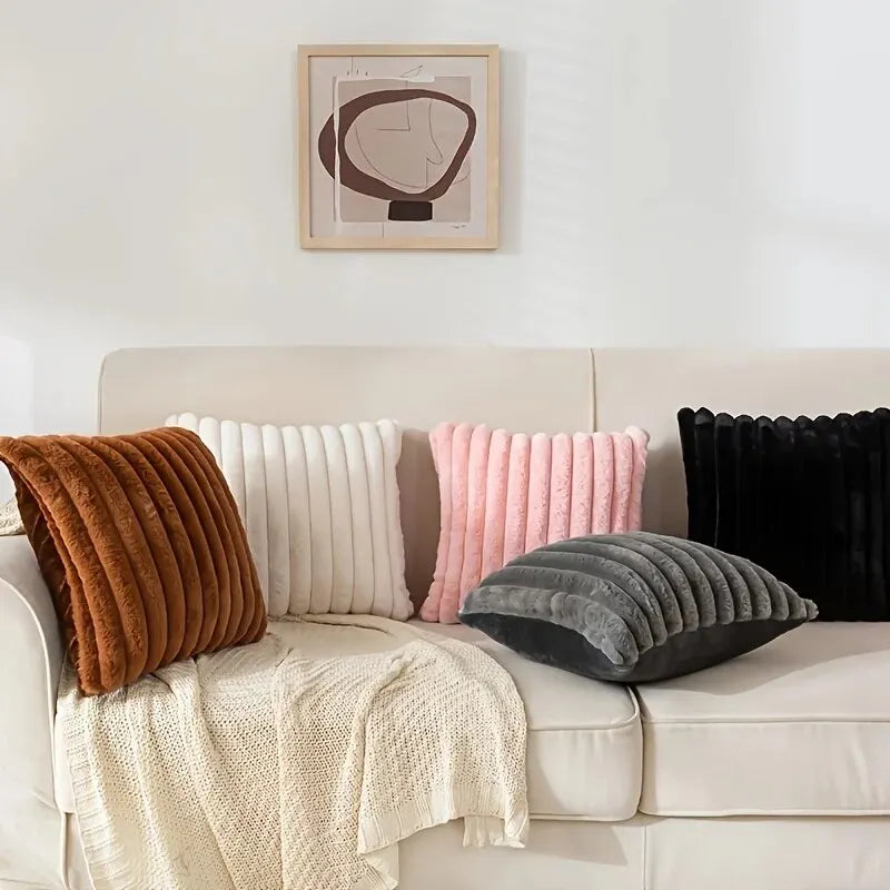 Ribbed faux fur striped throw cushion