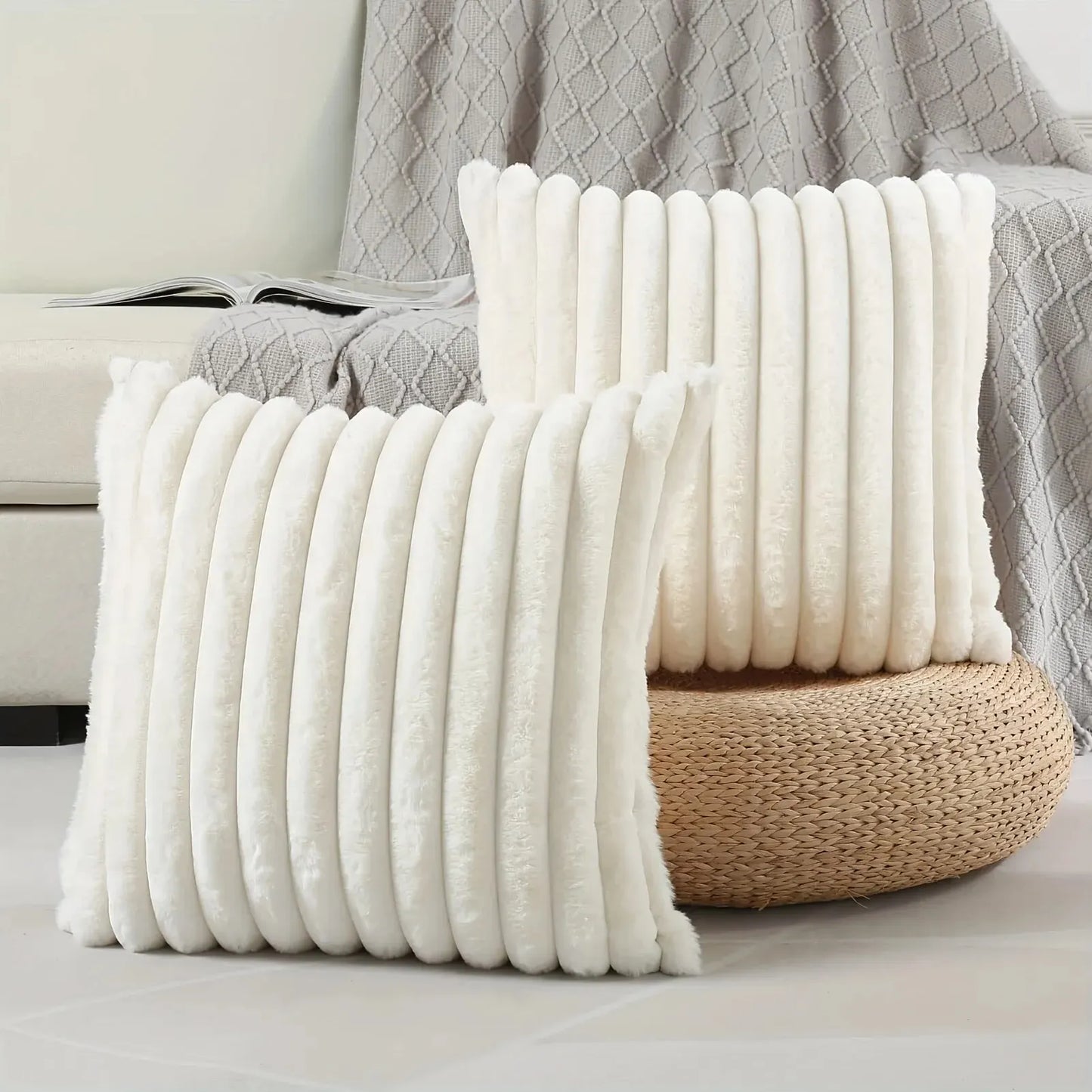 Ribbed faux fur striped throw cushion