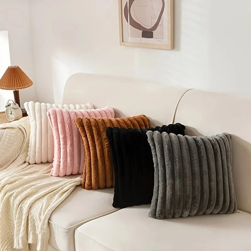 Ribbed faux fur striped throw cushion