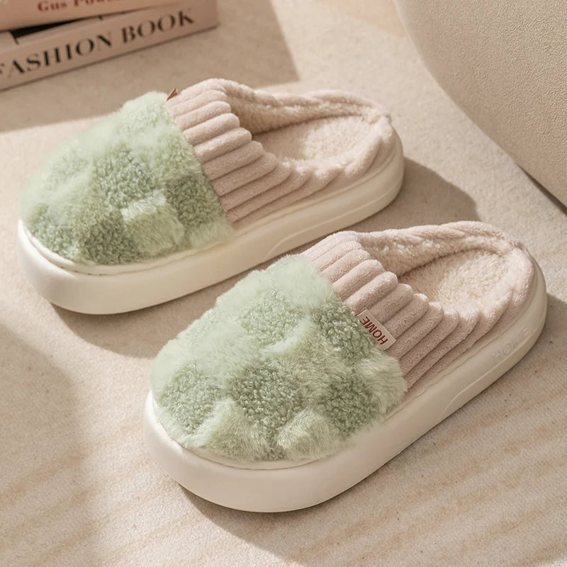 Plaid fluffy platform slippers