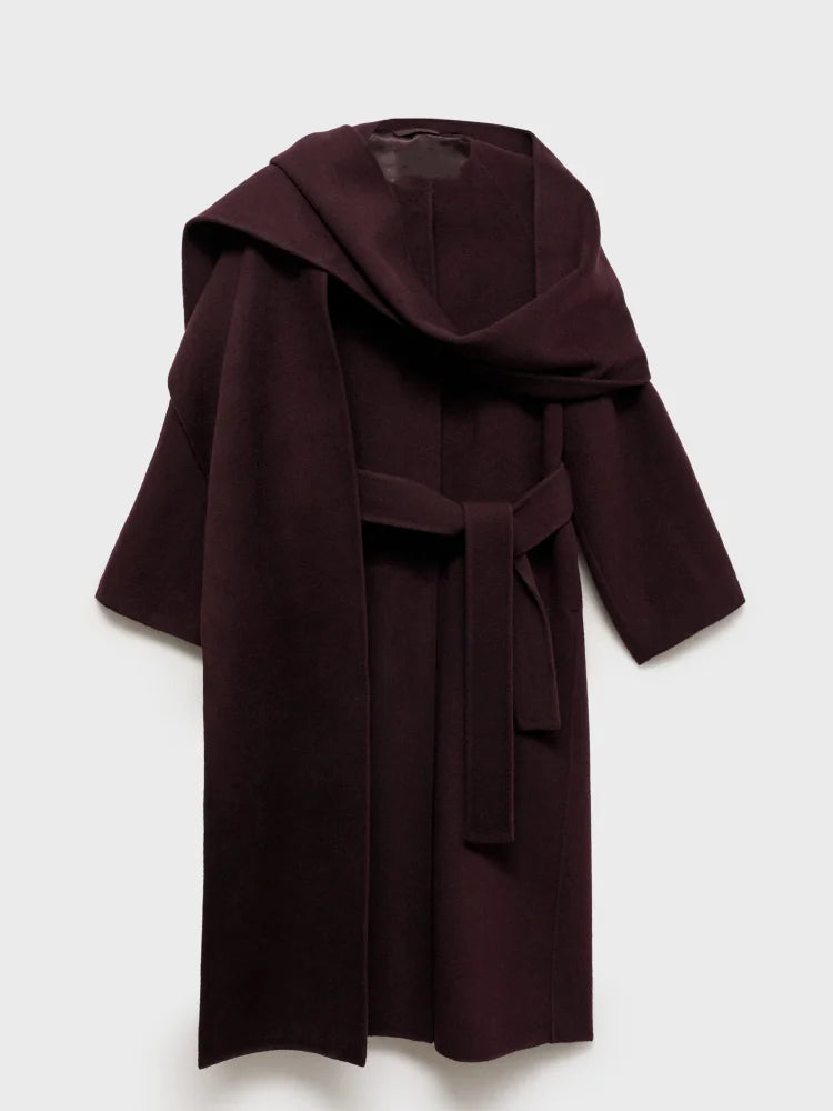 Burgundy Scarf Collar Woollen style Overcoat